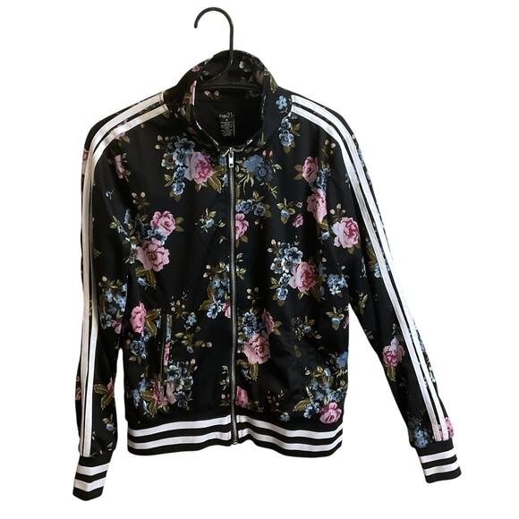Rue 21 Black Floral Bomber Jacket Mock Neck Sleeve Stripes Size M Full Zip - Picture 1 of 9